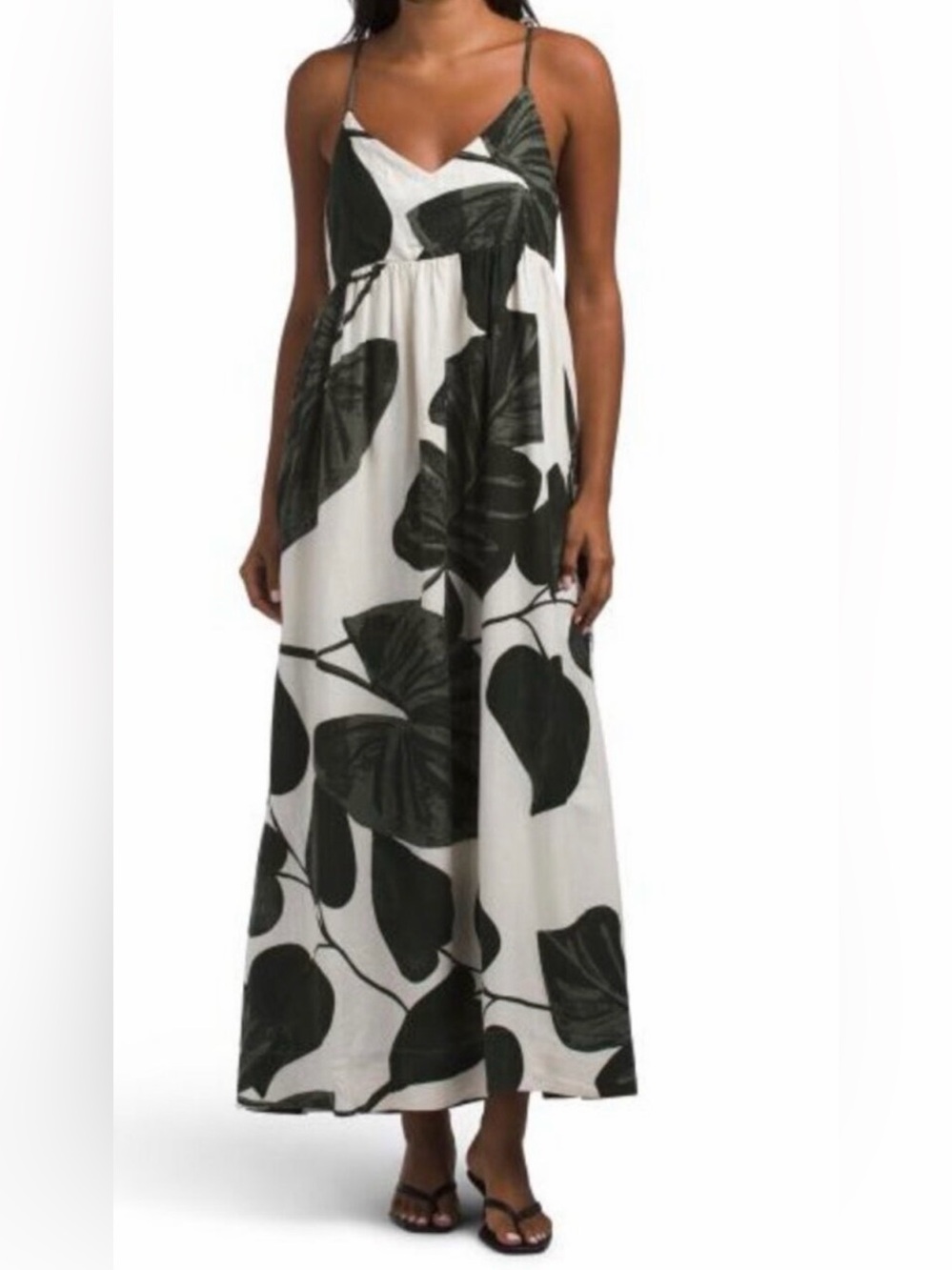 C&C California Linen Blend Tie strap Maxi Dress White Green Palm Leaves New S